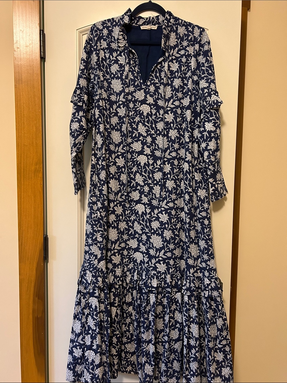 Ophelia & Indigo Navy Blockprint Midi Dress with Ruffle Tier